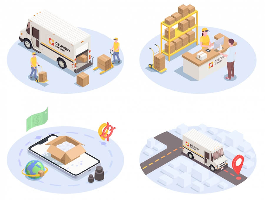 delivery-logistics-shipment-set-four-isometric-images-with-colourful-icons-pictograms-human-characters-cars-illustration